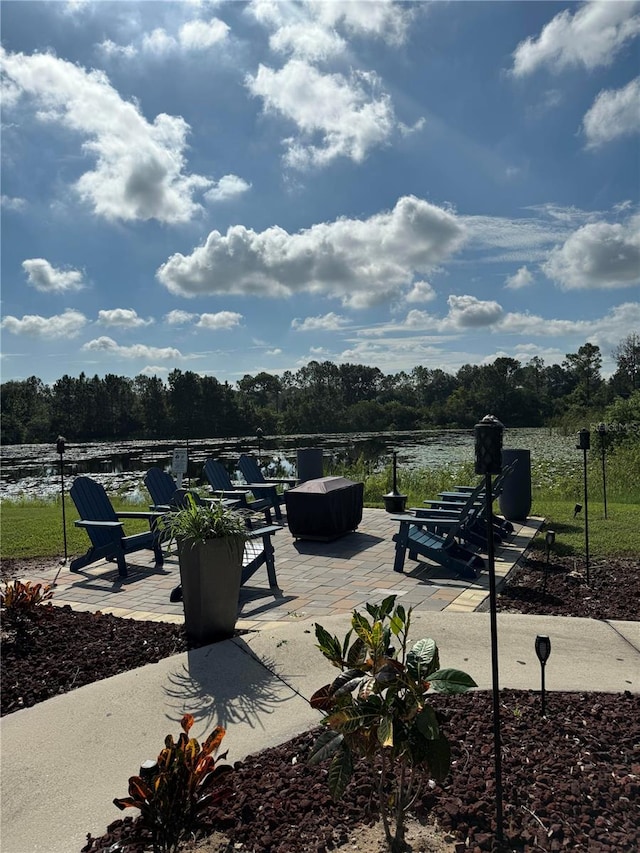 view of patio / terrace featuring a water view