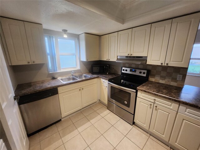 kitchen with appliances with stainless steel finishes, sink, plenty of natural light, and white cabinets