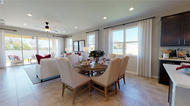 dining room featuring light tile patterned floors, recessed lighting, ceiling fan, and a healthy amount of sunlight