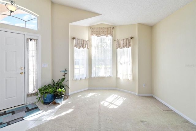 entrance foyer featuring a textured ceiling, light colored carpet, and a wealth of natural light