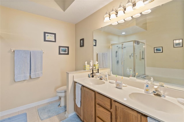 full bathroom with vanity, toilet, separate shower and tub, and tile patterned flooring