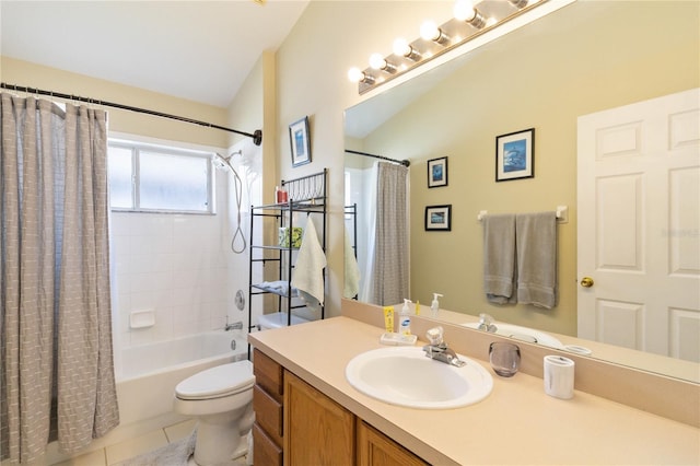 full bathroom with toilet, tile patterned flooring, shower / bath combo with shower curtain, vaulted ceiling, and vanity