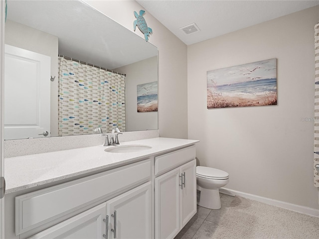 full bathroom with toilet, vanity, baseboards, tile patterned floors, and curtained shower