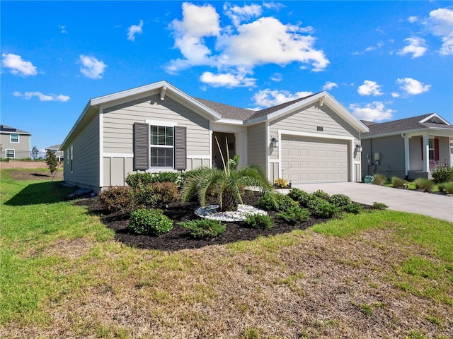 ranch-style house with a front lawn and a garage