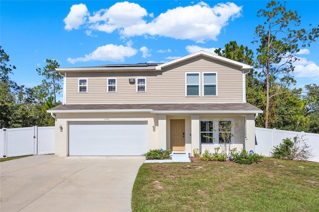 view of front of house with solar panels, a front lawn, a porch, and a garage