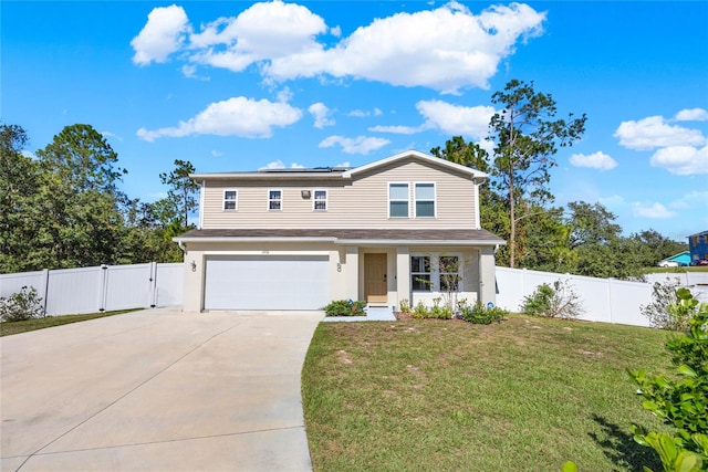 view of front of house featuring a porch, a front lawn, and a garage