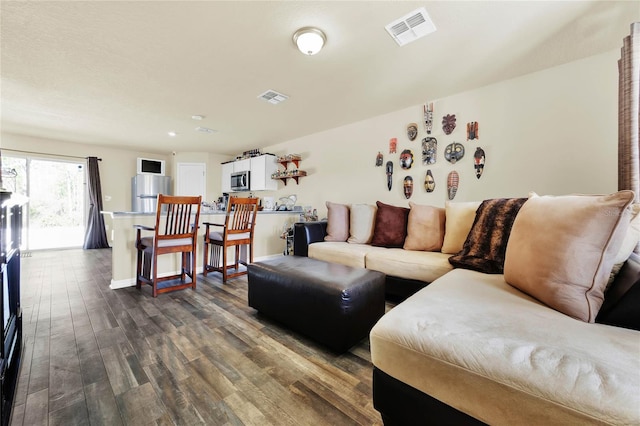 living room featuring dark wood-type flooring