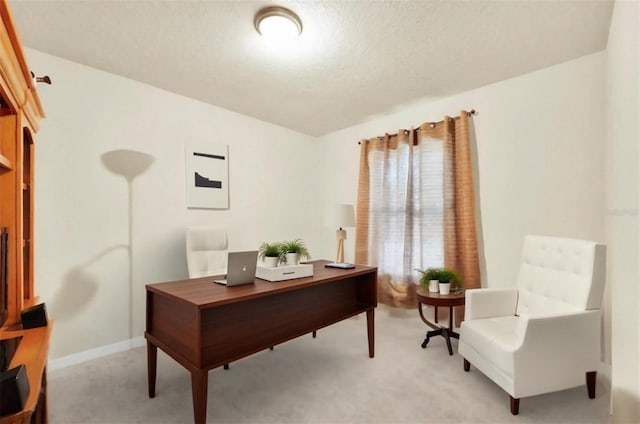 carpeted office with a textured ceiling