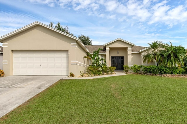 single story home with a garage and a front lawn