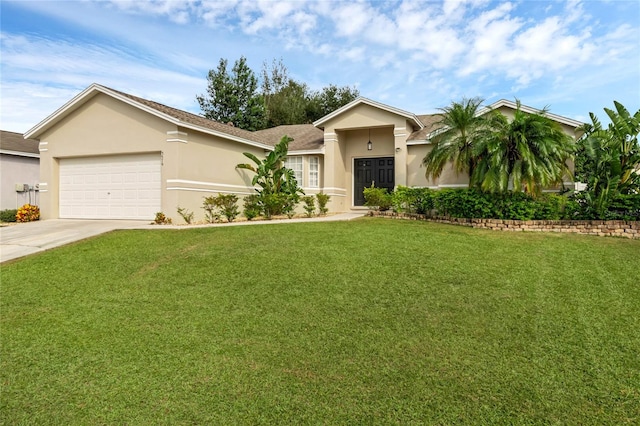 single story home with a front yard and a garage