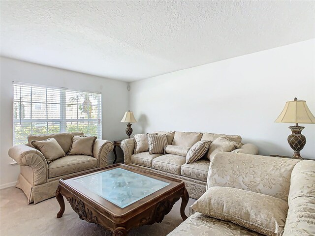 carpeted living room featuring a textured ceiling