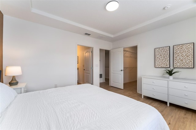 bedroom with a closet, a spacious closet, light wood-type flooring, and a raised ceiling