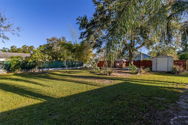 view of yard featuring a storage unit