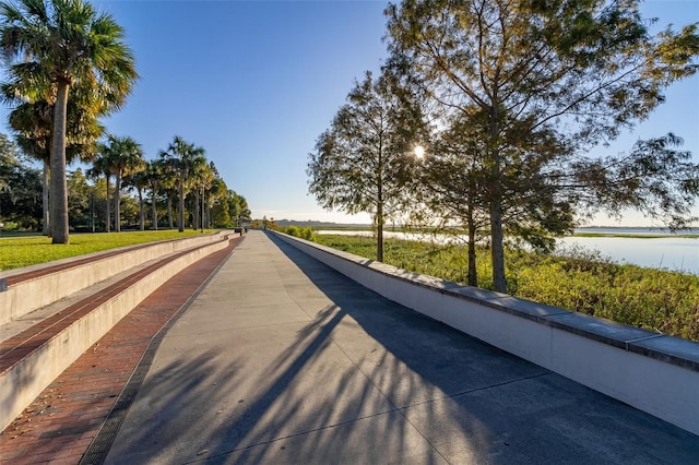 view of street with a water view