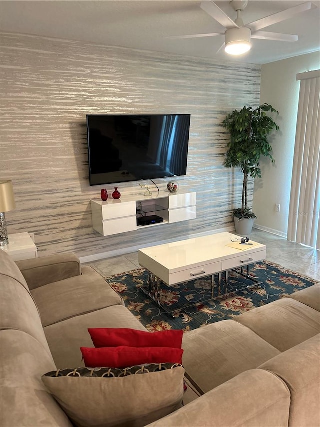 living room with ceiling fan