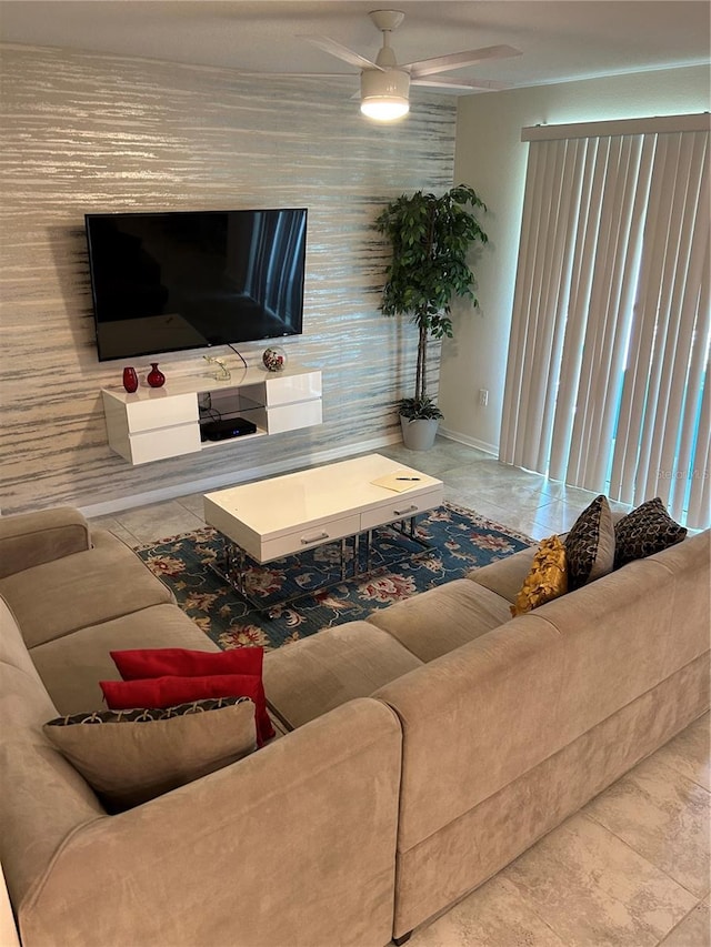 living room featuring ceiling fan