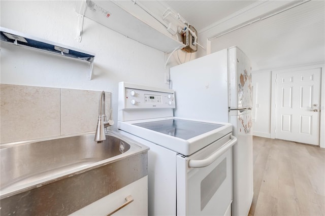 clothes washing area with sink and light wood-type flooring