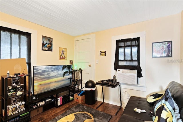 living room featuring cooling unit and dark wood-type flooring