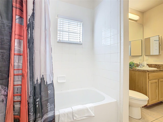 full bathroom featuring vanity, toilet, tile patterned floors, and shower / bathtub combination with curtain