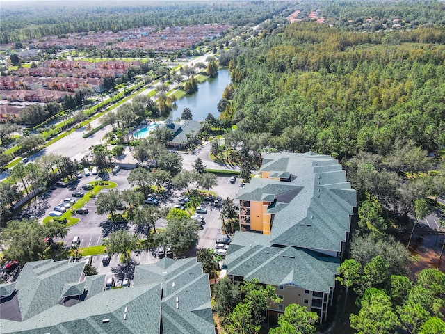 bird's eye view with a water view