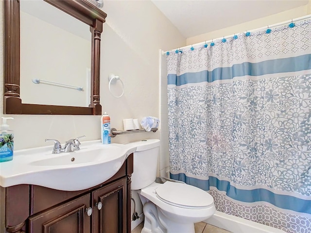 bathroom with toilet, a shower with shower curtain, tile patterned flooring, and vanity