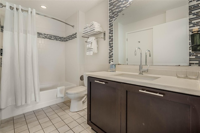 full bathroom featuring shower / tub combo, backsplash, toilet, tile patterned floors, and vanity