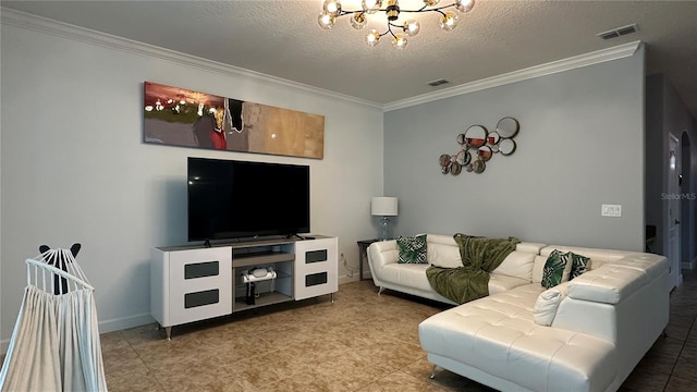 tiled living room with a textured ceiling, ornamental molding, and a chandelier