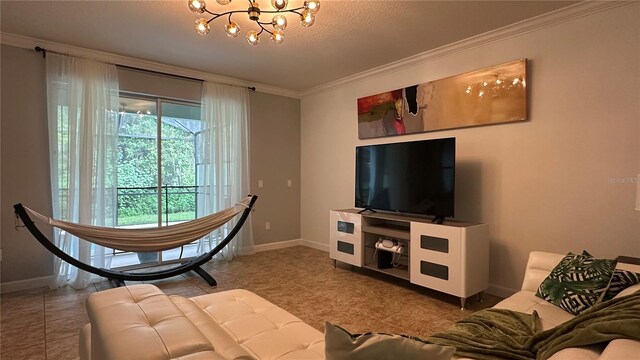 living room with an inviting chandelier and ornamental molding