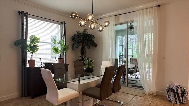 dining space with crown molding and light tile patterned flooring