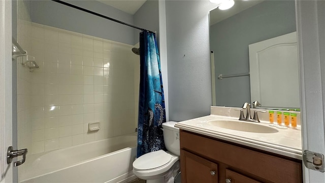 full bathroom with toilet, vanity, and shower / bathtub combination with curtain