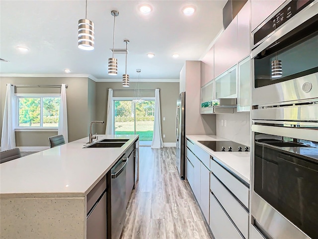 kitchen with a center island with sink, appliances with stainless steel finishes, a wealth of natural light, sink, and decorative light fixtures