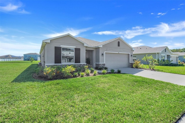 single story home featuring a front lawn and a garage