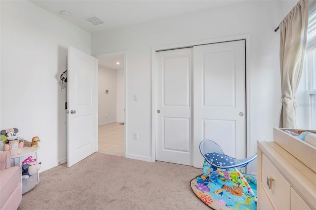 game room with light colored carpet