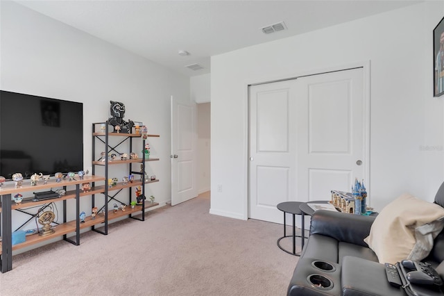 interior space featuring light colored carpet