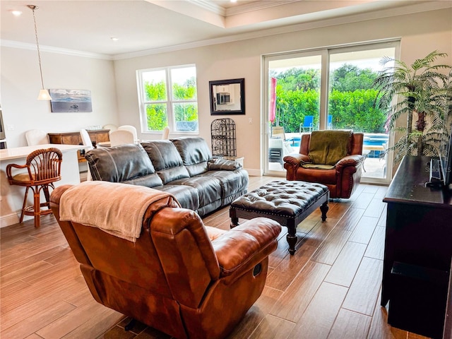 living room featuring light hardwood / wood-style floors and crown molding