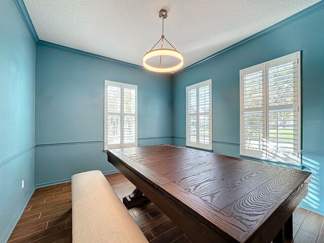 office space featuring a wealth of natural light, dark wood-type flooring, and a textured ceiling