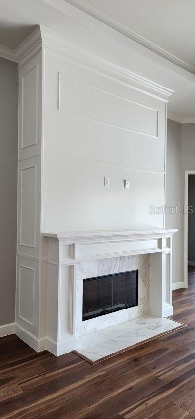 details with crown molding, a fireplace, and hardwood / wood-style floors