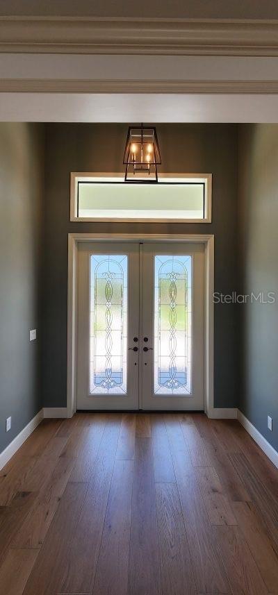 foyer featuring french doors, hardwood / wood-style floors, and a healthy amount of sunlight