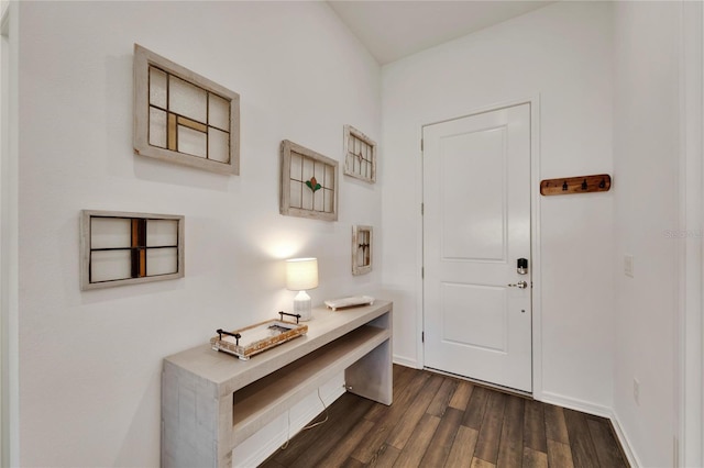 foyer entrance with baseboards and dark wood-style flooring