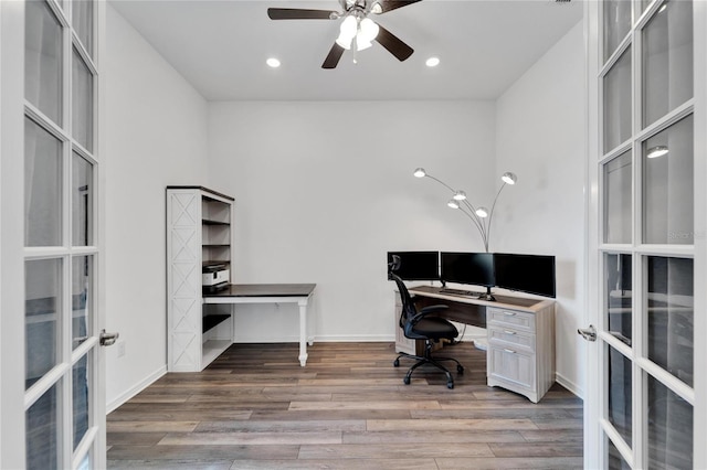 home office with recessed lighting, french doors, ceiling fan, and wood finished floors