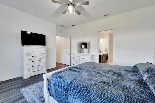 bedroom featuring dark wood-style floors, baseboards, visible vents, and a ceiling fan