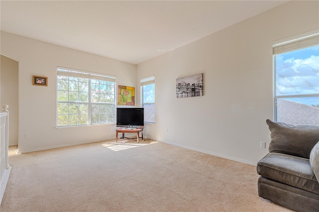 living area with light colored carpet