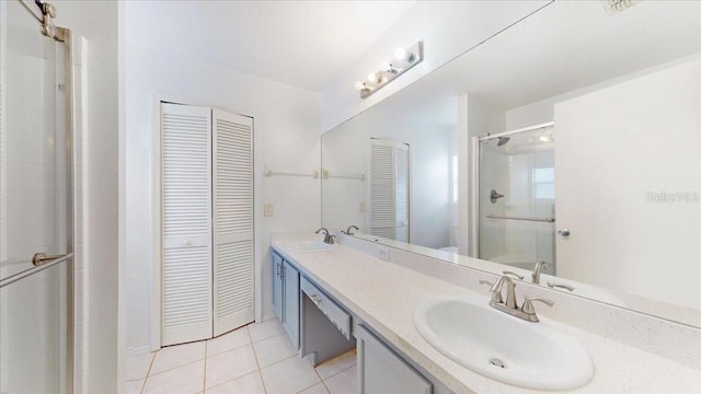 bathroom featuring tile patterned flooring, vanity, toilet, and walk in shower