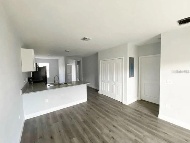 kitchen with white cabinetry, dark wood-type flooring, sink, and kitchen peninsula