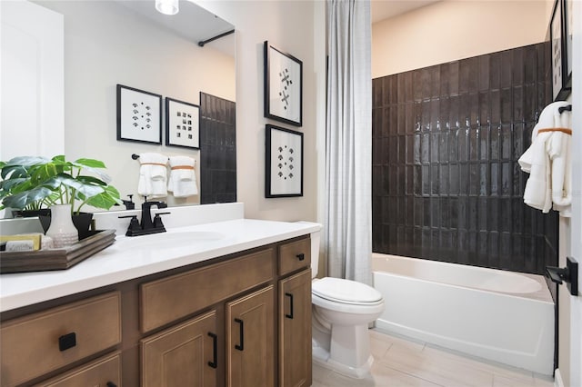 full bathroom featuring toilet, shower / bath combo with shower curtain, vanity, and tile patterned floors