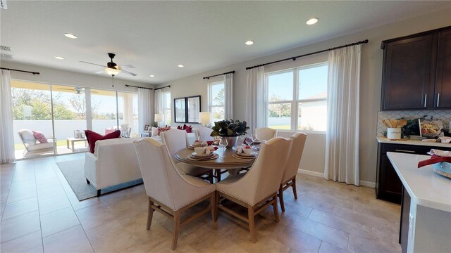 dining area featuring plenty of natural light, recessed lighting, and ceiling fan