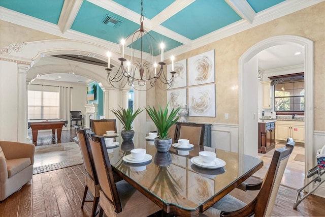 dining area with coffered ceiling, pool table, wood-type flooring, and a healthy amount of sunlight