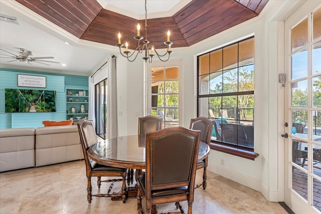 dining space featuring crown molding, wood ceiling, a tray ceiling, and an inviting chandelier