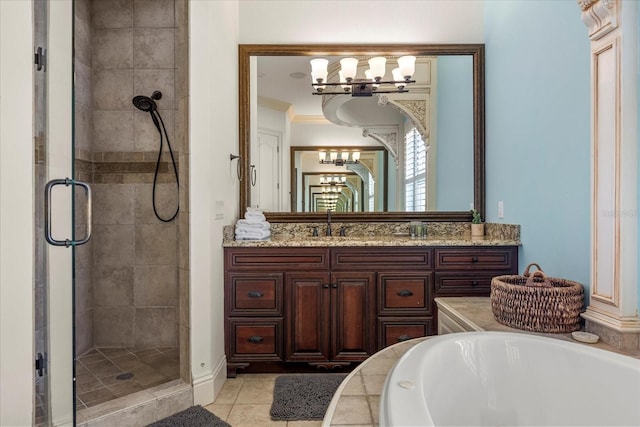 bathroom featuring vanity, separate shower and tub, and tile patterned flooring