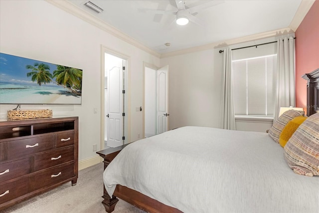 bedroom with light carpet, crown molding, and ceiling fan